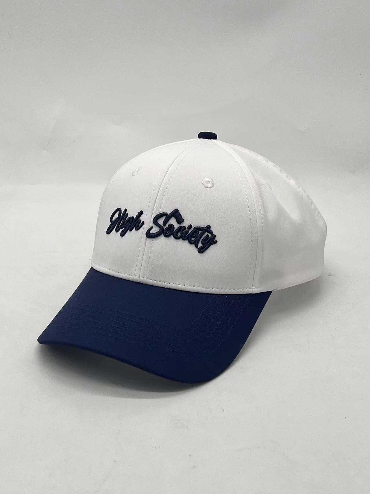 White & Navy Cursive Snap Back Hat